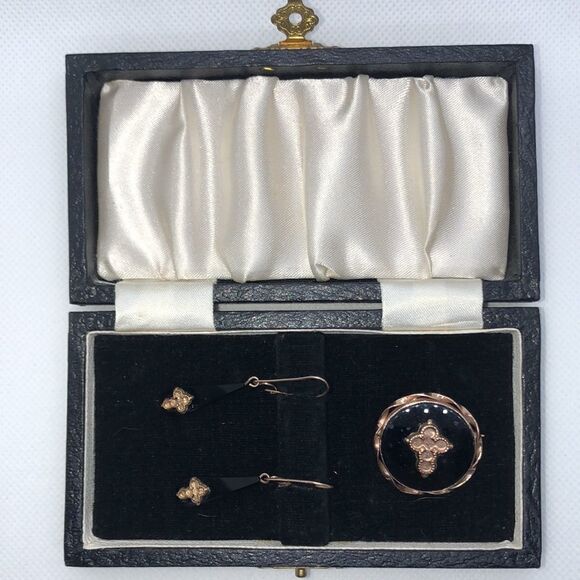 💛 14k Gold Antique Gothic Onyx Mourning Set - Picture 7 of 7